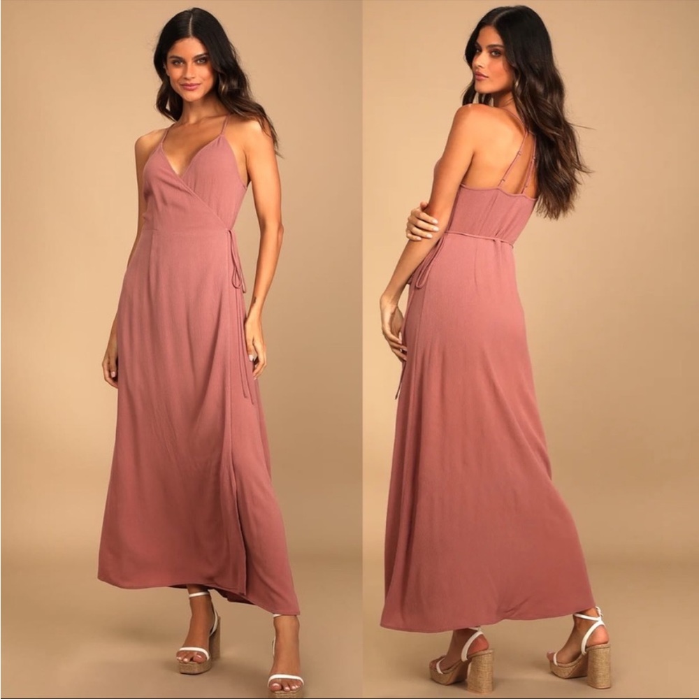 Lulus Make it an Adventure mauve and green straps wrap party dress
